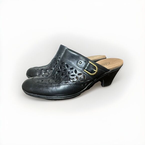 Clarks Bendables Mules Clogs Black Leather Lattice Cut Outs Women's 8M - Picture 1 of 11
